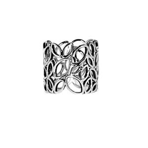 May include: A silver-colored ring with an openwork design. The ring features a series of interconnected, oval-shaped cutouts, creating a leaf-like pattern. The ring is set against a white background, highlighting its intricate details.