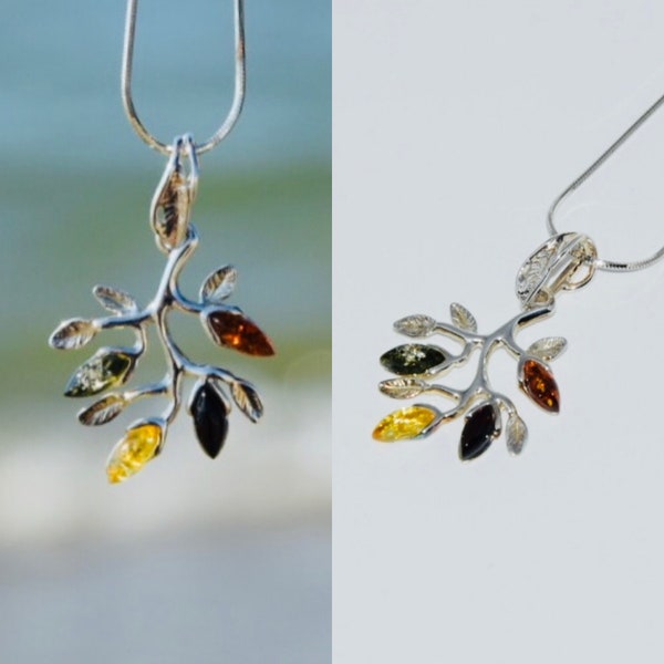 Natural amber pendant necklace,Multicolour amber pendant necklace,Twig pendant necklace,Gift for her,Genuine Baltic amber.