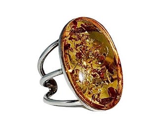 Adjustable Sterling Silver Ring with Large Cognac Baltic Amber