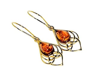 Gold Vermeil Baltic Amber Earrings, Delicate Dangle Earrings