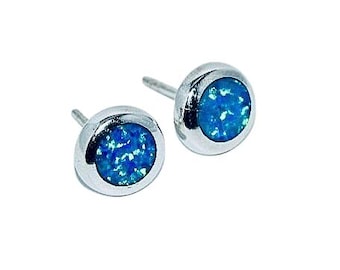 Sterling Silver Blue Opal Stud Earrings, October Birthstone