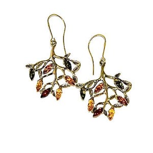 Twig drop earrings,Natural amber earrings,Multicolour amber earrings,Gold earrings with amber,Gif for her,Genuine Baltic amber,Leaf earrings