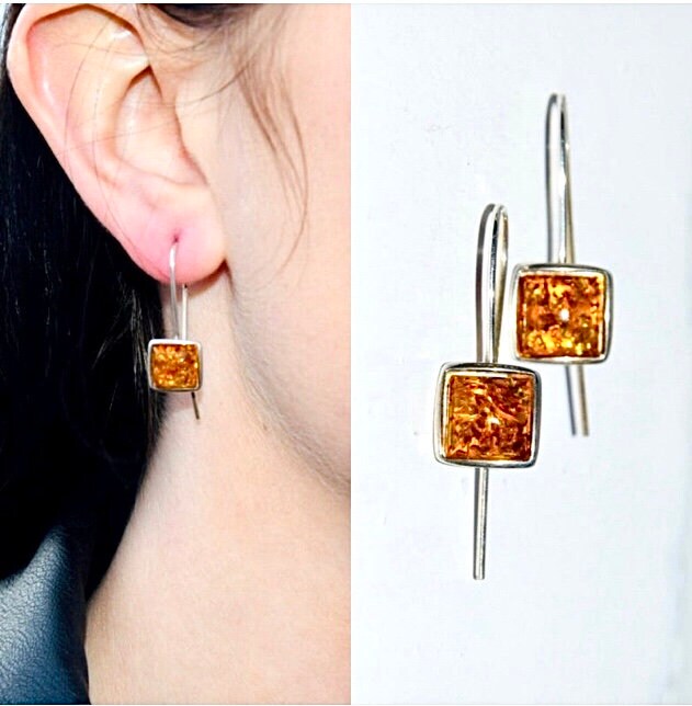 amber stud earrings Sterling silver and natural Baltic amber earrings amber earrings square stud drop amber earrings drop amber earrings