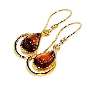 Gold Baltic Amber Earrings, Delicate Teardrop Dangle Earrings