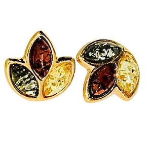 Pendientes de ámbar natural, pendientes de ámbar con forma de hoja, pendientes de oro con ámbar, regalo para ella, ámbar báltico auténtico, pendientes de ámbar multicolor.
