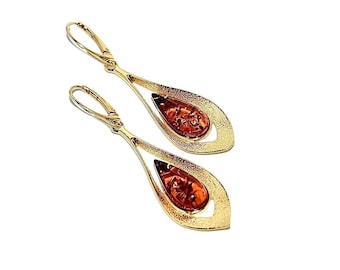 Large Baltic Amber Earrings, 14k Gold Sterling Silver Dangle Drop