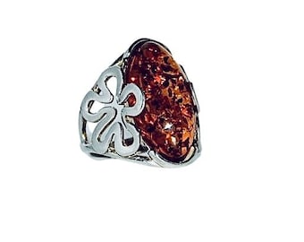 Sterlingzilveren ring van Baltisch barnsteen, bloemenornament