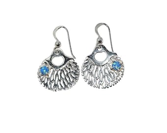 Handcrafted Sterling Silver Opal Dangle Earrings, Blue Opal Jewelry