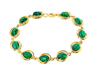 Natural Malachite Gold Bracelet, Sterling Silver