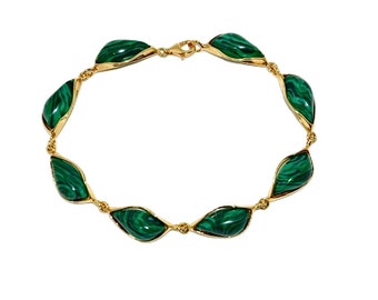 Natural Malachite Gold Bracelet, Sterling Silver, Delicate Jewelry