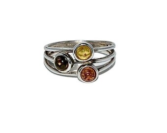 Multicolour amber ring,Triple ring,Silver ring with amber,Gift for her,Amber jewellery,Genuine Baltic amber,Natural amber ring