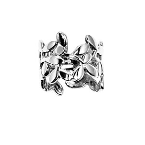 May include: A silver-colored ring with a floral design. The ring features multiple leaf-shaped elements arranged around the band. The leaves have a polished, reflective surface, creating a bright, eye-catching appearance. The ring is set against a white background.