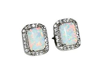 Rectangle White Opal Sterling Silver Stud Earrings, Zircon Halo