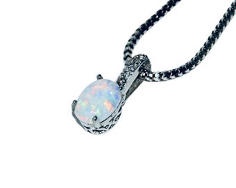 White opal pendant,Oval opal necklace,Silver pendant with white opal,Delicate opal pendant,Gift for her,Opal jewellery,October birthstone