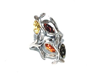 Multicolour amber ring,Twig amber ring,Silver ring with amber,Natural amber ring,Gift for her,,Genuine Baltic amber,Everyday amber ring.