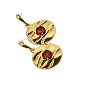 May include: A pair of gold earrings with a round, textured design and a small, round, amber-coloured stone in the centre of each earring.