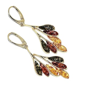 Bladdruppeloorbellen, natuurlijke barnsteenoorbellen, echte barnsteenoorbellen, gouden oorbellen met barnsteen, cadeau voor haar, echte Baltische barnsteen.
