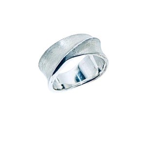 May include: A silver ring with a textured, wave-like design. The ring has a brushed metal finish, creating a subtle, matte appearance. The band curves and overlaps, adding a unique, modern touch to the jewelry.