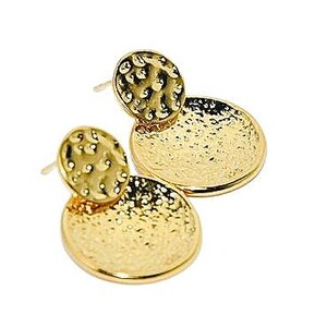 May include: A pair of gold-tone earrings with a hammered texture. Each earring features two round discs, one slightly smaller than the other.