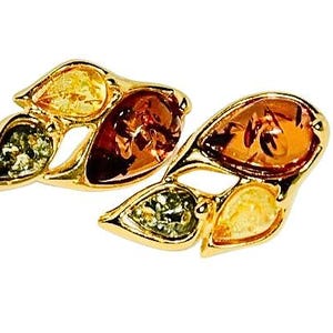 Pendientes de ámbar natural, pendientes de ámbar con forma de hoja, pendientes de oro con ámbar, regalo para ella, ámbar báltico auténtico, pendientes de ámbar multicolor.