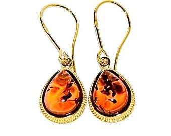 Gold Baltic Amber Earrings, Cognac Gemstone, Sterling Silver