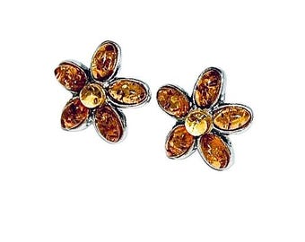 Baltic Amber Flower Earrings, Sterling Silver Floral Jewelry