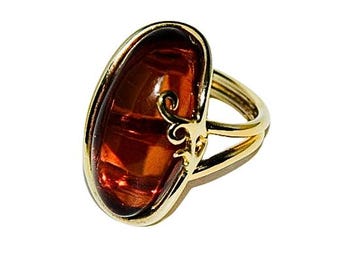 Anillo grande de ámbar báltico con cerezas, oro de 14 quilates y plata de ley, ajustable