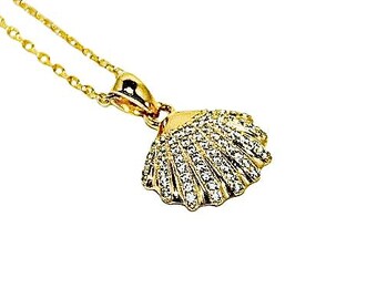 Gold Seashell Necklace with CZ, Sterling Silver, Gift for Her