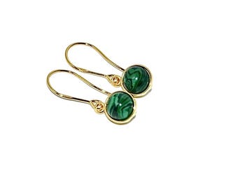 Natural Malachite Gold Earrings, Sterling Silver