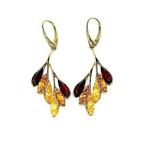 Leaf drop earrings,Natural amber earrings,Multicolour amber earrings,Gold earrings with amber,Gift for her,Genuine Baltic amber.