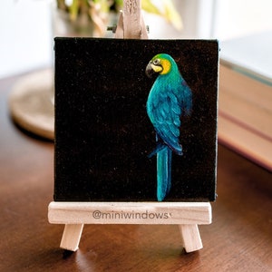 Blue Gold Macaw Oil Painting | Small Artwork | Original Fine Art | 4X4 inch Mini Canvas | Blue Parrot Bird Art | Free Mini Easel