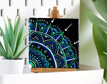 Mandala Acrylic Painting: 4x4 Mini Canvas Art with Easel