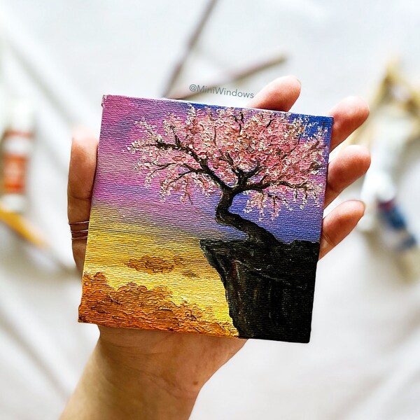 Blossoming Pink Tree | Oil Painting | Small Artwork | Original Fine Art | 4X4 inch Mini Canvas | Free Mini Easel | Magical Landscape