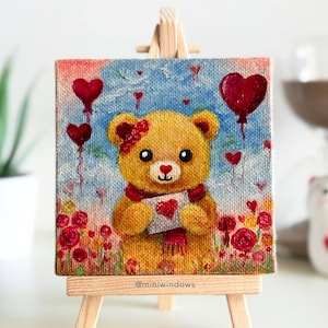 Le mot d'amour de Teddy | Peinture à l'huile | Petite oeuvre d'art | Beaux-arts originaux | Mini toile | Mini chevalet gratuit | Cadeau mignon