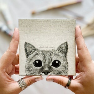 Peinture à l'huile de chat | Petite oeuvre d'art | Beaux-arts originaux | Mini toile de 4 x 4 po. | Cadeaux pour amoureux des chats noirs et blancs