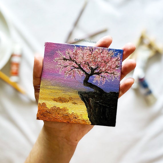 Blossoming Pink Tree Oil Painting Small Artwork Original Fine Art 4X4 Inch  Mini Canvas Free Mini Easel Magical Landscape 