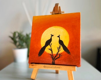 Peacock Silhouette Painting | Small Artwork | Original Fine Art | 4X4 inch Mini Canvas | Free Mini Easel | Oil Acrylic Art