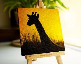 Giraffe Silhouette Oil Painting | Small Artwork | Original Fine Art | 4X4 inch Mini Canvas | Free Mini Easel | Wildlife Landscape Art