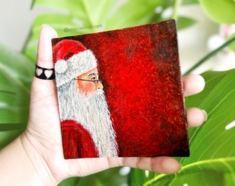Santa Claus Painting | Christmas Decor Wall Art Gift | 4X4 inch Mini Canvas | Free Mini Easel | Small Artwork | Original Art