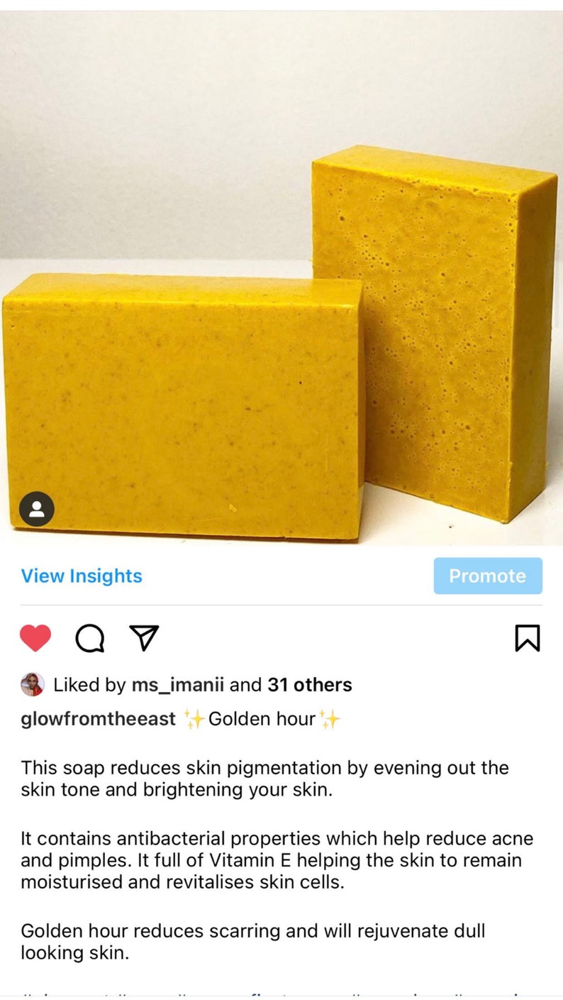 May include: Two bars of yellow soap, one on top of the other. The soap is described as reducing skin pigmentation, evening out skin tone, and brightening skin. It contains antibacterial properties, Vitamin E, and helps reduce acne and pimples. The soap is also said to moisturize and revitalize skin cells. The soap is described as reducing scarring and rejuvenating dull looking skin. The caption includes the text "Golden hour" and "glowfromtheeast".