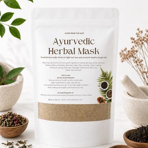 May include: A white pouch labeled "Ayurvedic Herbal Mask" with text describing its ingredients and use for hair care. The image includes wooden bowls and spoons filled with herbs, along with a mortar and pestle, suggesting a natural hair treatment.