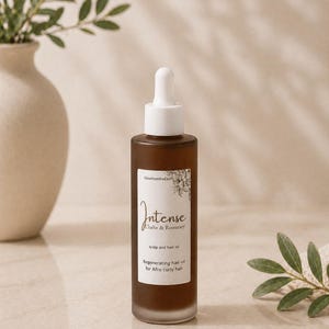 May include: A brown glass bottle of "Intense" hair oil with a white dropper top. The label reads "Chebe & Rosemary, scalp and hair oil, regenerating hair oil for Afro curly hair." The bottle is set against a neutral background with a vase and greenery.