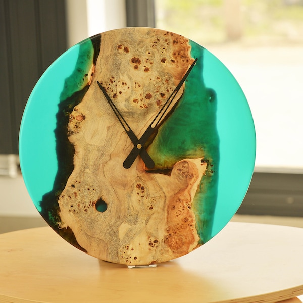 Poplar mappa burl timber 40cm daiameter wall hanging clock with transparent turquoise blue resin.