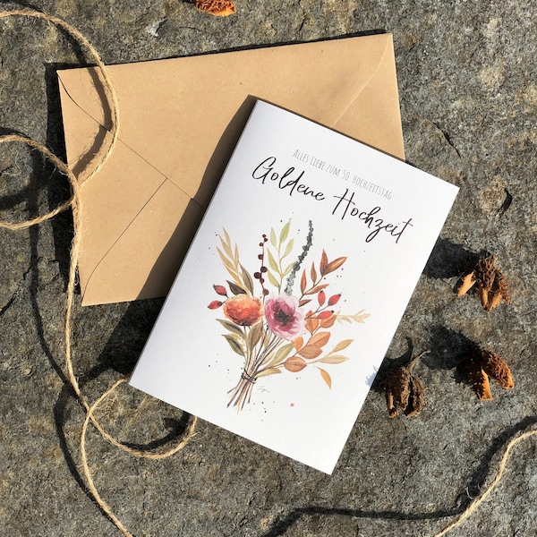 Folding card for the Golden Wedding "All love for the 50th wedding anniversary" with kraft paper cover | Greeting card with hand-painted watercolor motif