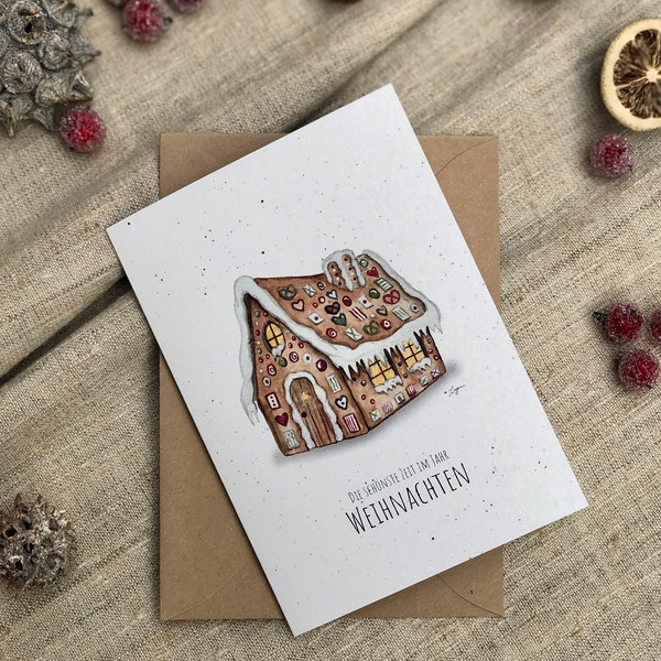 Klappkarte zu Weihnachten mit Kraftpapierumschlag | Grußkarte mit handgemaltem Motiv | Knusperhaus | Lebkuchenhaus | Weihnachtskarte