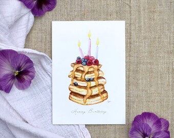 Carte d'anniversaire avec gâteau aux crêpes "Joyeux anniversaire" | Carte postale avec motif aquarelle peint à la main