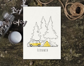 Postkarte "Fernweh" | Grußkarte mit handgemalter Illustration | Camper-Karte | Postkarte für Vanlife mit T1 T2