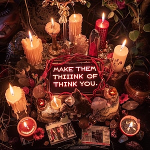May include: A mystical arrangement featuring lit candles of various sizes and colors, crystals, and small printed materials. A sign with the text "MAKE THEM THIIINK OF THINK YOU" is the focal point, surrounded by red string. The scene is dark and atmospheric.