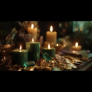 May include: A low-lit image showing lit candles of different sizes. Three green pillar candles are in the foreground, with gold coins and crystals. Other candles are in the background.