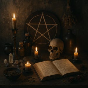 Könnte beinhalten: Ein Stillleben mit einem menschlichen Schädel, einem offenen Buch, brennenden Kerzen und Flaschen. Ein Pentagramm ist auf einer Holzscheibe zu sehen. Die Szene ist düster und mystisch.